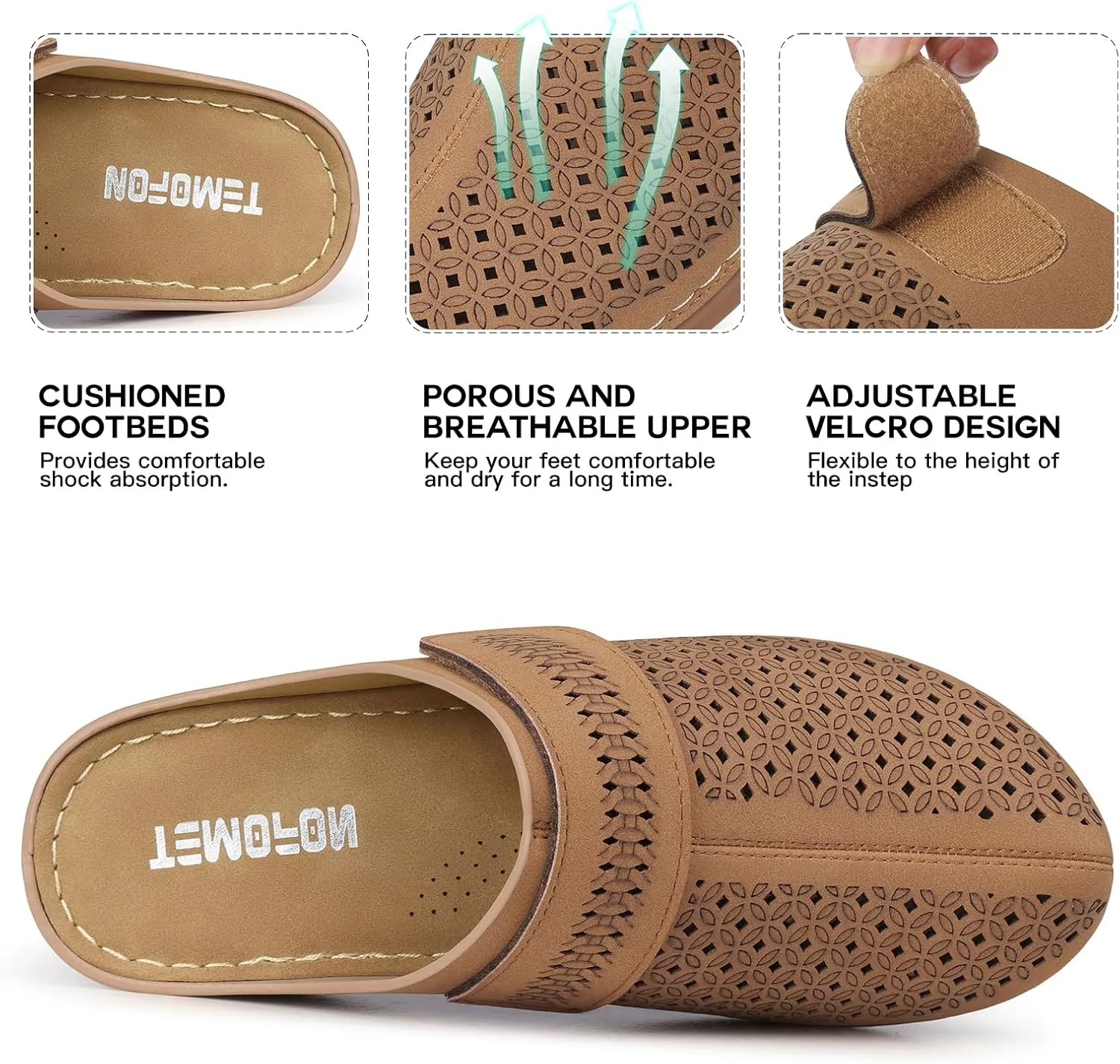 TEMOFON Clogs for Women Mules Shoes: Comfortable Arch Support Closed Toe Sandals Backless Low Wedge Slip on Shoes