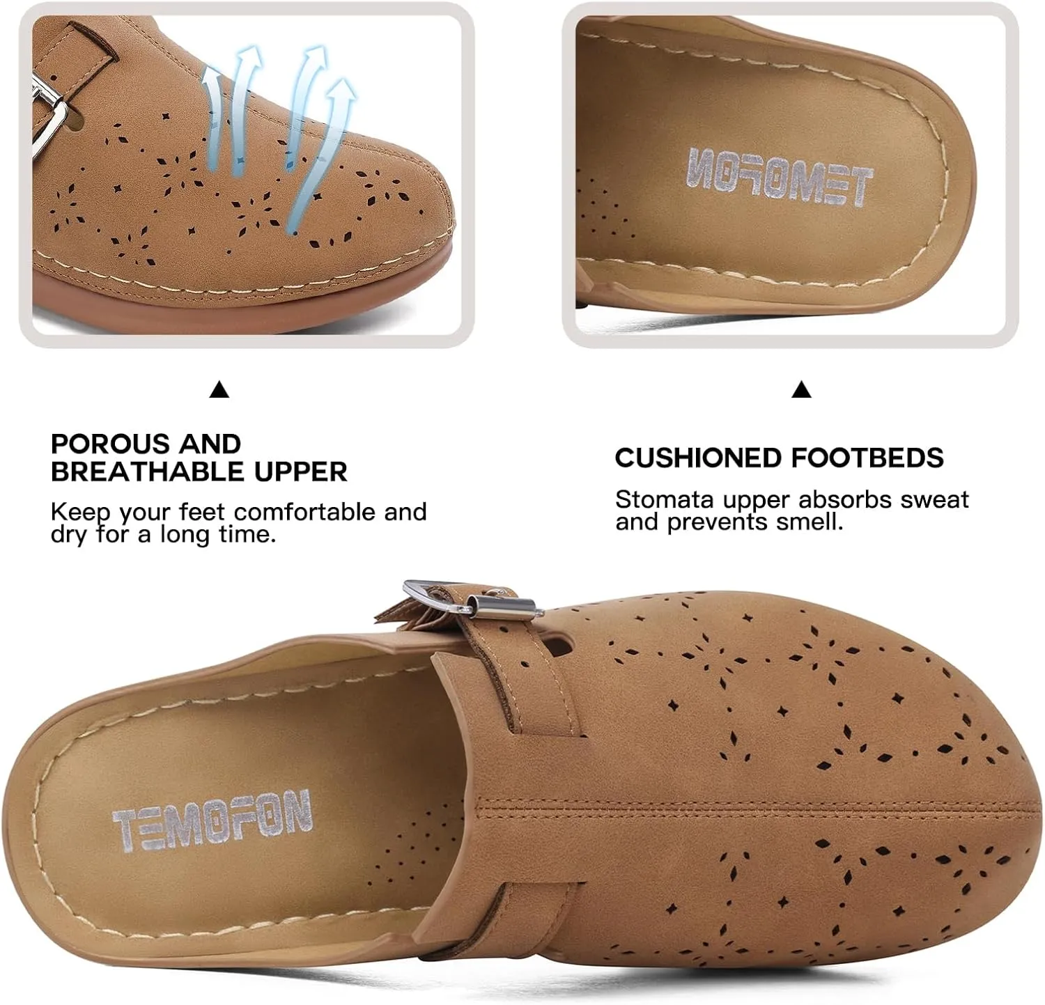 TEMOFON Clogs for Women Mules Shoes: Comfortable Arch Support Closed Toe Sandals Backless Low Wedge Slip on Shoes