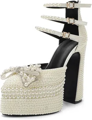 THESHY Women's Pearl Platform Chunky High Block Heels Bow-Knot Ankle Strap Sexy Pointed Toe Pumps Buckles Wedding Party Heels