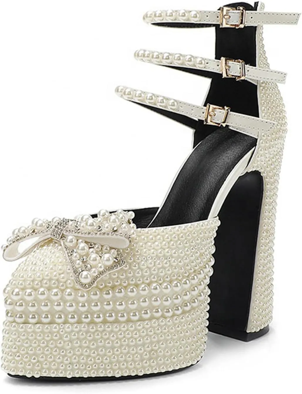 THESHY Women's Pearl Platform Chunky High Block Heels Bow-Knot Ankle Strap Sexy Pointed Toe Pumps Buckles Wedding Party Heels