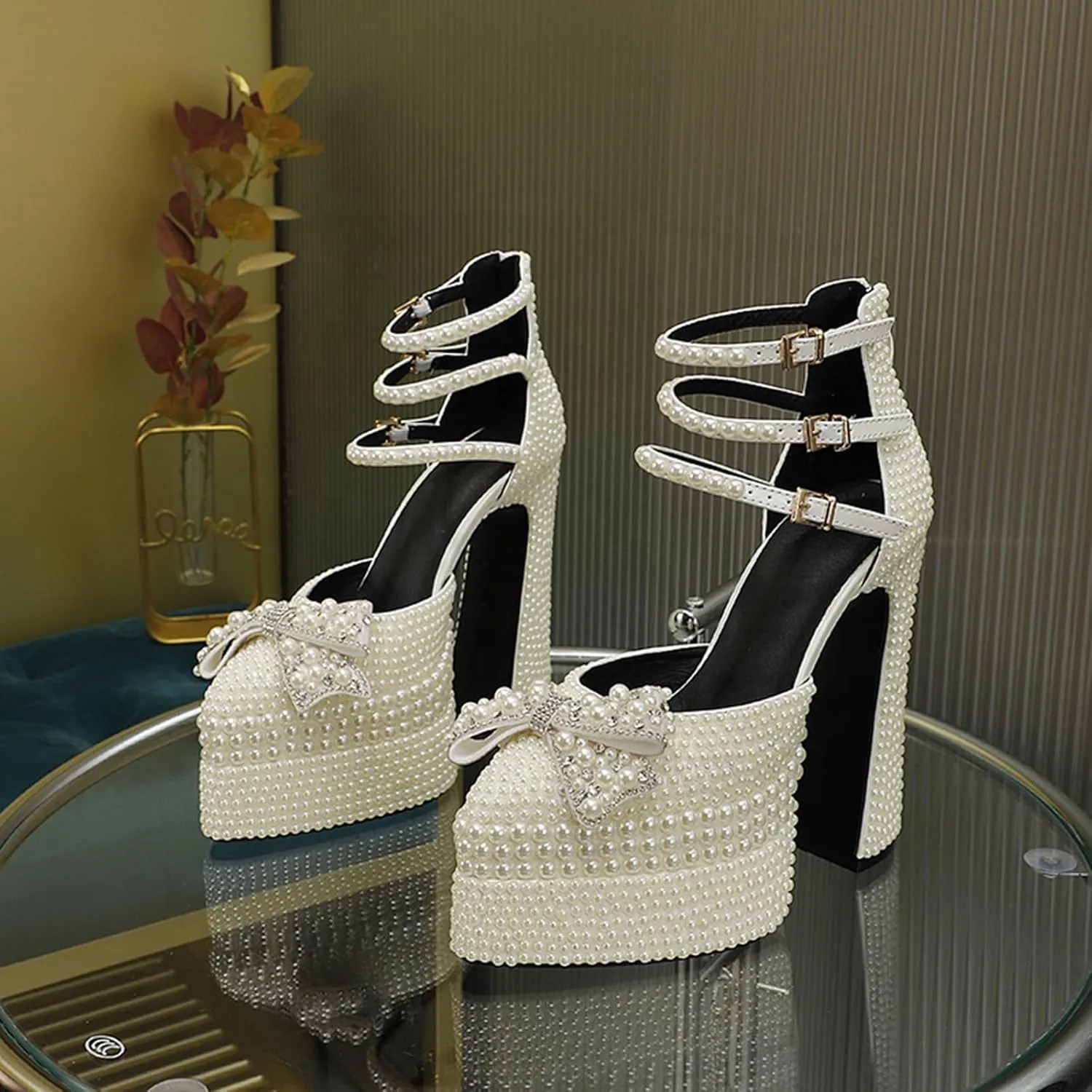 THESHY Women's Pearl Platform Chunky High Block Heels Bow-Knot Ankle Strap Sexy Pointed Toe Pumps Buckles Wedding Party Heels