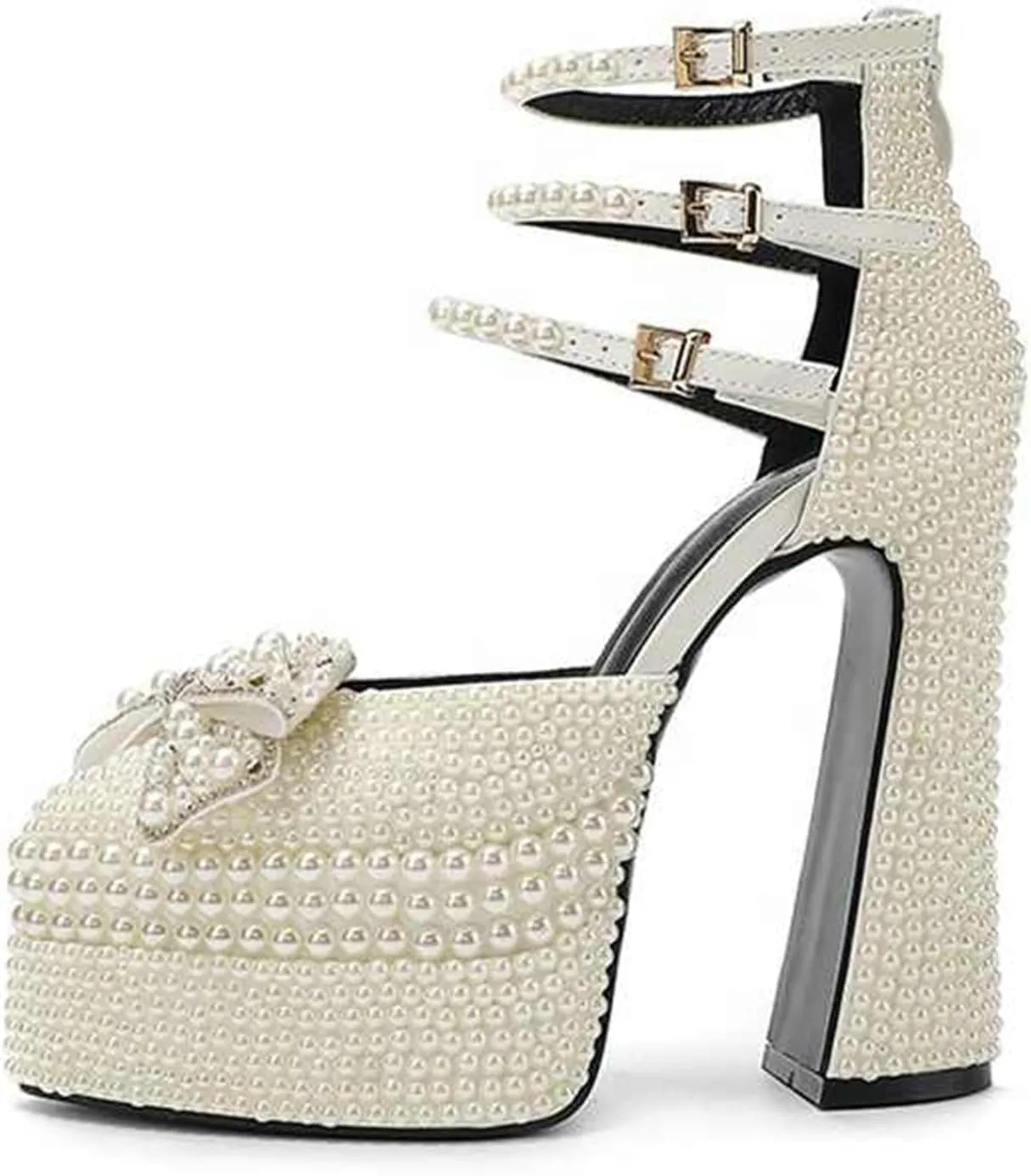 THESHY Women's Pearl Platform Chunky High Block Heels Bow-Knot Ankle Strap Sexy Pointed Toe Pumps Buckles Wedding Party Heels