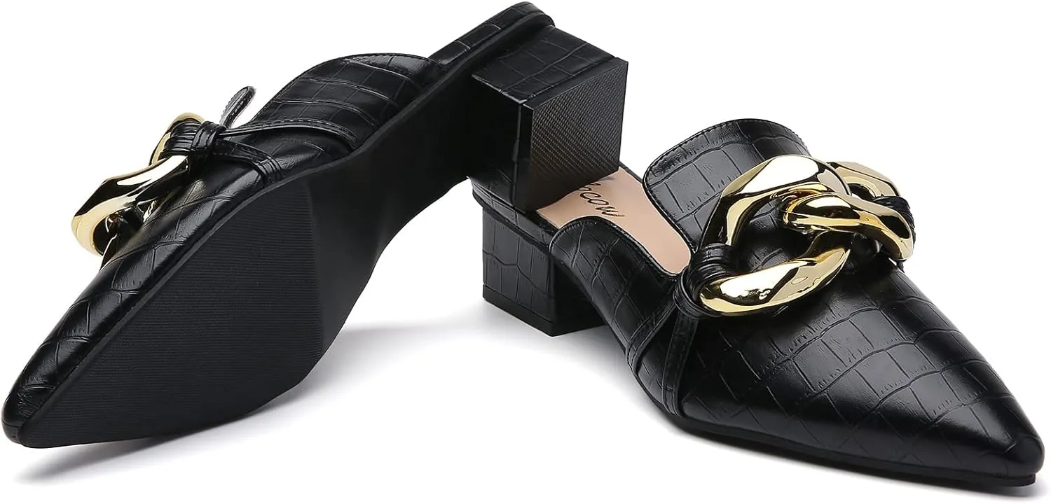 Tilocow Chain Decor Mules Heels for Women Pointed Toe Heeled Sandals Women Chunky Heel Mules Womens Slide Shoes