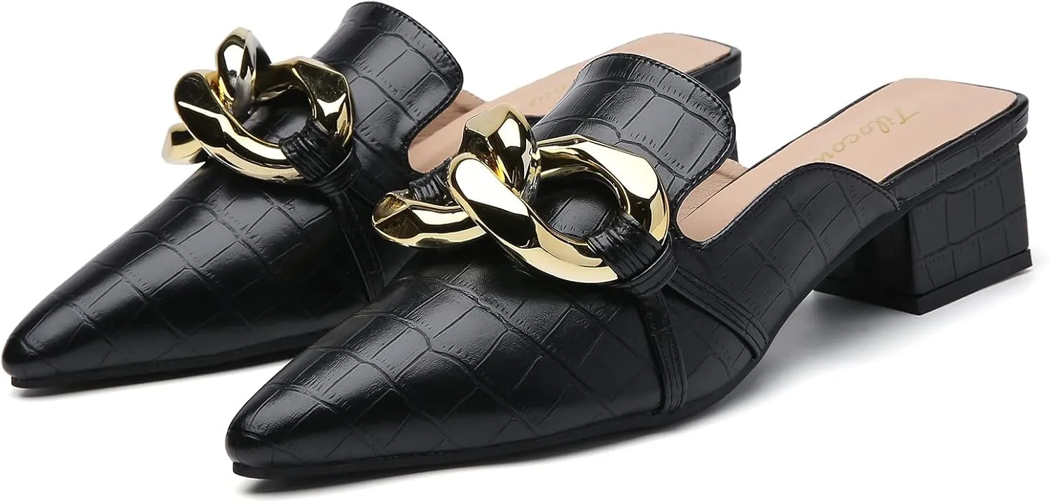 Tilocow Chain Decor Mules Heels for Women Pointed Toe Heeled Sandals Women Chunky Heel Mules Womens Slide Shoes