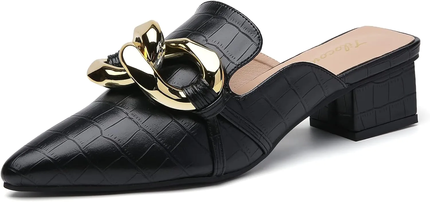 Tilocow Chain Decor Mules Heels for Women Pointed Toe Heeled Sandals Women Chunky Heel Mules Womens Slide Shoes