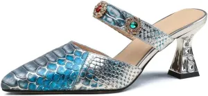 TinaCus Pointed Toe Genuine Leather Handmade Jewelry Décor Mid Heels Women's Elegant Slippers