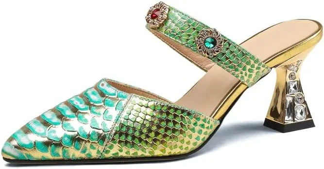 TinaCus Pointed Toe Genuine Leather Handmade Jewelry Décor Mid Heels Women's Elegant Slippers