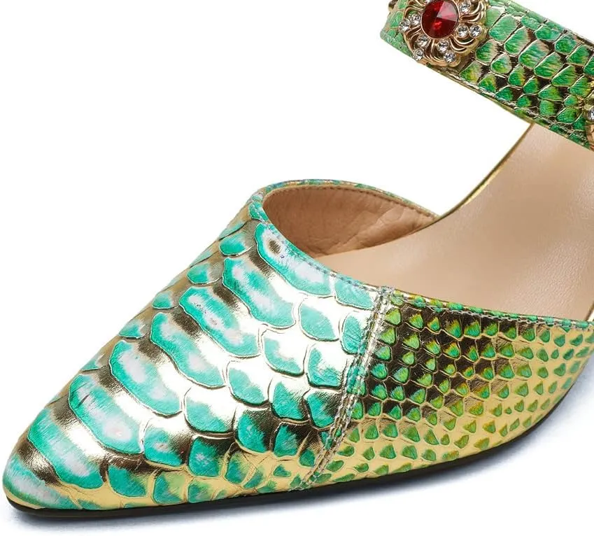 TinaCus Pointed Toe Genuine Leather Handmade Jewelry Décor Mid Heels Women's Elegant Slippers
