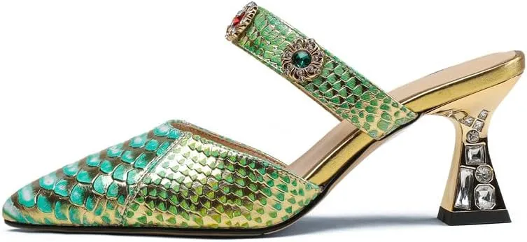TinaCus Pointed Toe Genuine Leather Handmade Jewelry Décor Mid Heels Women's Elegant Slippers