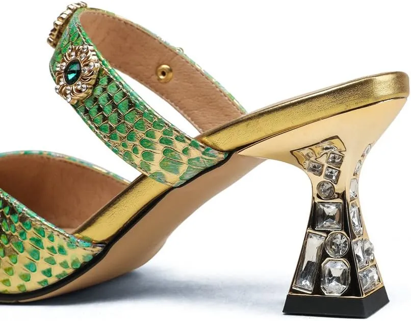 TinaCus Pointed Toe Genuine Leather Handmade Jewelry Décor Mid Heels Women's Elegant Slippers