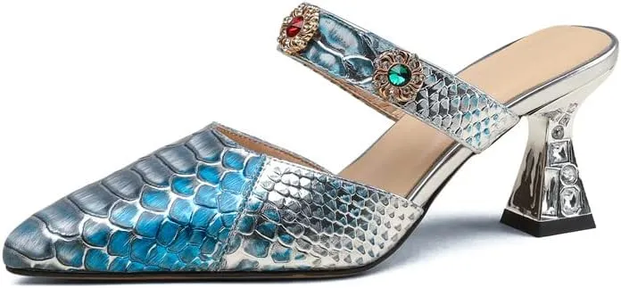 TinaCus Pointed Toe Genuine Leather Handmade Jewelry Décor Mid Heels Women's Elegant Slippers
