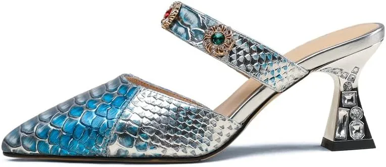 TinaCus Pointed Toe Genuine Leather Handmade Jewelry Décor Mid Heels Women's Elegant Slippers