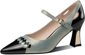TinaCus Women's Genuine Leather Pointed Toe Handmade Buckle Belt Mid Heels Trendy Pumps Shoes