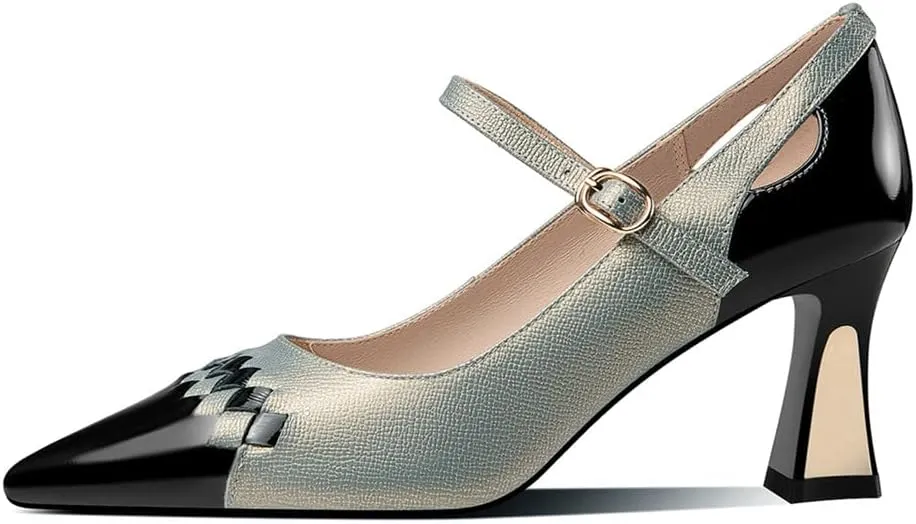 TinaCus Women's Genuine Leather Pointed Toe Handmade Buckle Belt Mid Heels Trendy Pumps Shoes