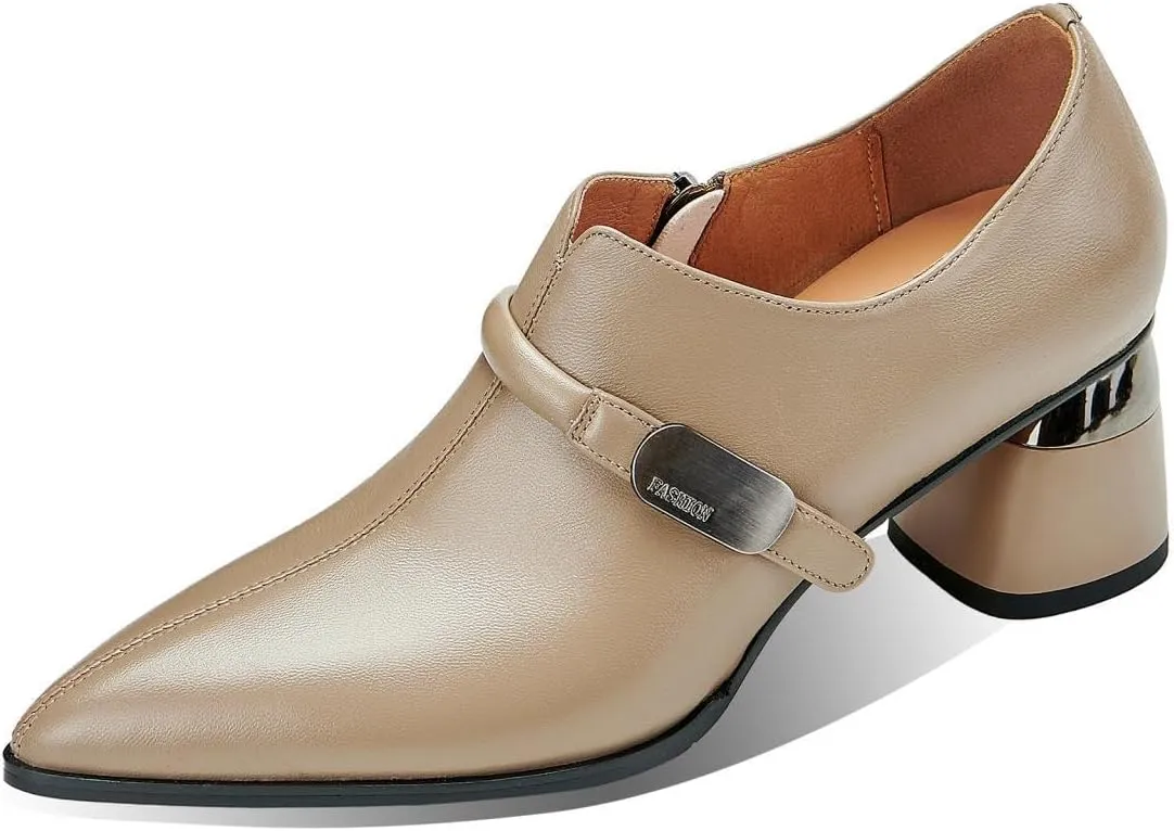 TinaCus Women's Genuine Leather Pointed Toe Side Zip Mid Block Heel Pumps Shoes