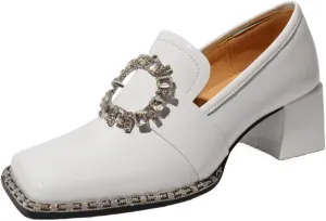 TinaCus Women's Patent Leather Square Toe Rhinestones Buckle Block Heel Handmade Pumps Shoes