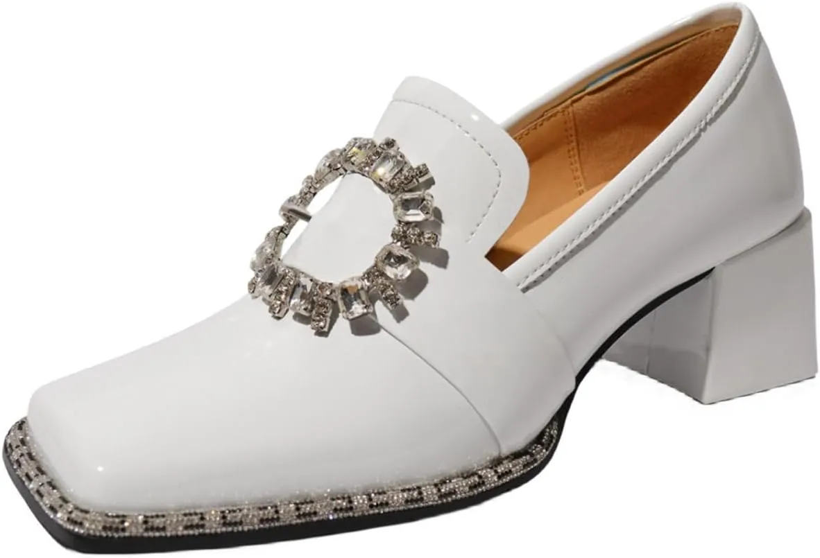 TinaCus Women's Patent Leather Square Toe Rhinestones Buckle Block Heel Handmade Pumps Shoes