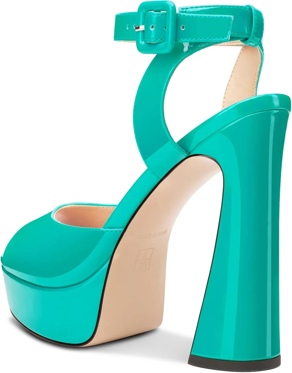 TNYNFBEB Womens Chunky Block High Platform Heel Peep Open Toe Sandals Ankle Strap Buckle Prom Dress Patent Leather 5.1 Inches Heels
