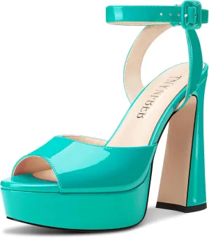 TNYNFBEB Womens Chunky Block High Platform Heel Peep Open Toe Sandals Ankle Strap Buckle Prom Dress Patent Leather 5.1 Inches Heels