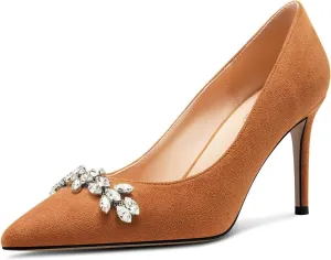 TNYNFBEB Womens Mid Heel Pointed Toe Pumps Slip-on Rhinestone Crystal Prom Wedding Summer Basic Classic Cute 3.2 Inches Heels