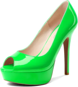TNYNFBEB Womens Stiletto High Platform Heel Peep Open Toe Pumps Slip-on Prom Wedding Dress Patent Leather 4.7 Inches Heels