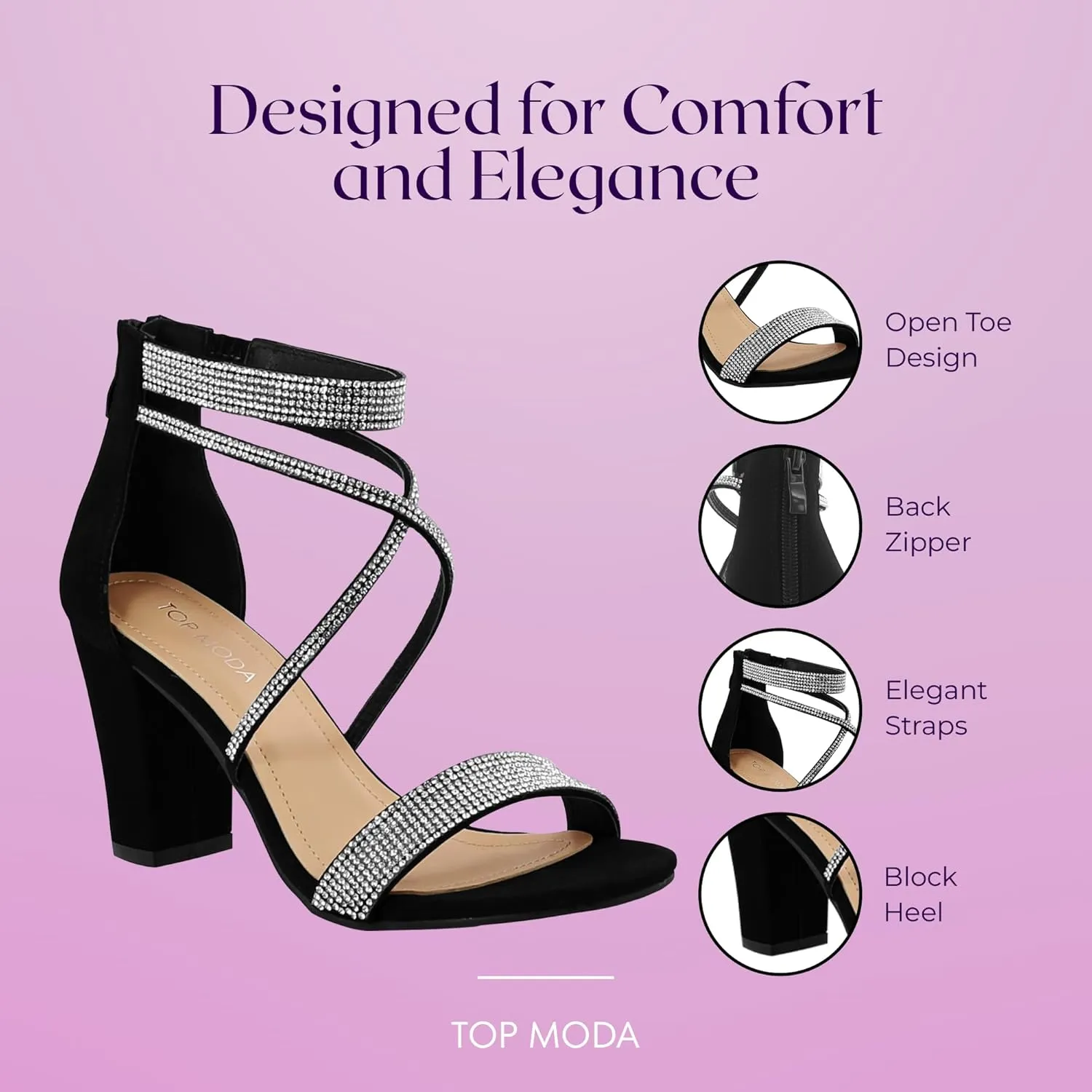 TOP Moda Rosa-66 Ankle Strap Dressy High Heel Sandal, Non-slip Sole, For Wedding, Party, Prom, Evening Wear, or Any Occasion, Sleek Style Block Heel Sandals