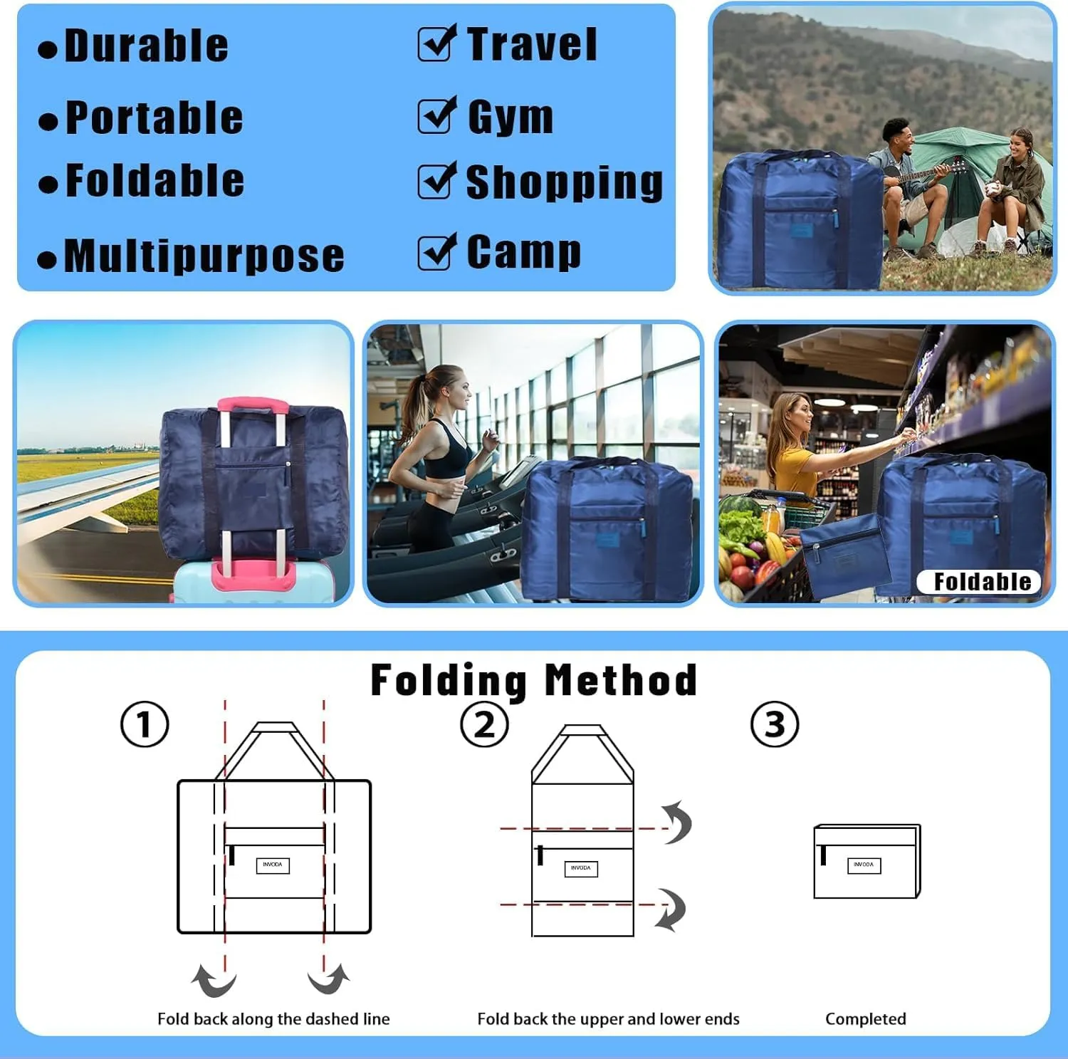 Travel Duffel Bag 2 PCS Carry on Luggage Bag Foldable Travel Tote Bag Waterproof Sports Gym Bag Lightweight Large Weekender Overnight Bag for Women and Men (Blue Red)