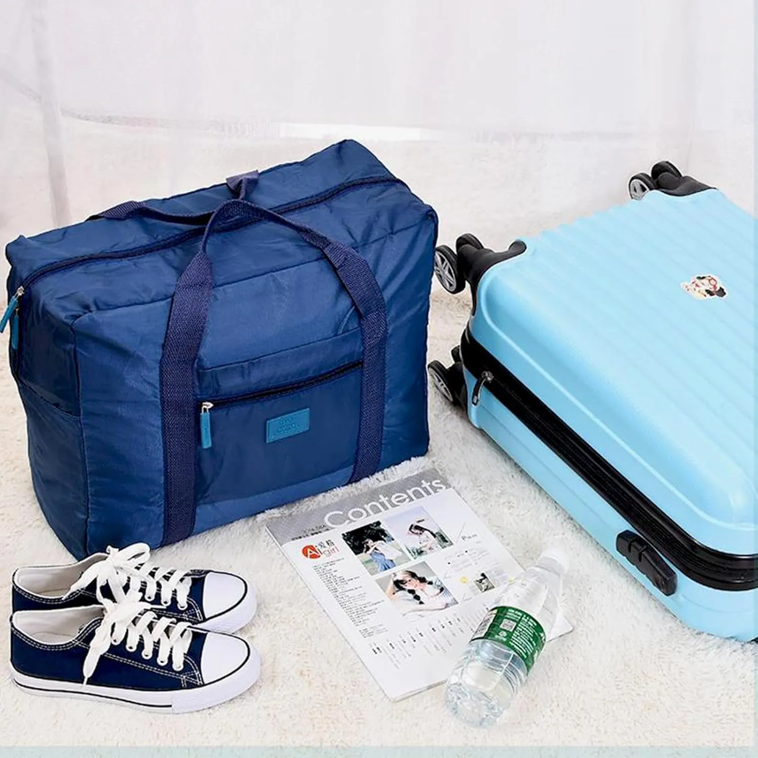 Travel Duffel Bag 2 PCS Carry on Luggage Bag Foldable Travel Tote Bag Waterproof Sports Gym Bag Lightweight Large Weekender Overnight Bag for Women and Men (Blue Red)