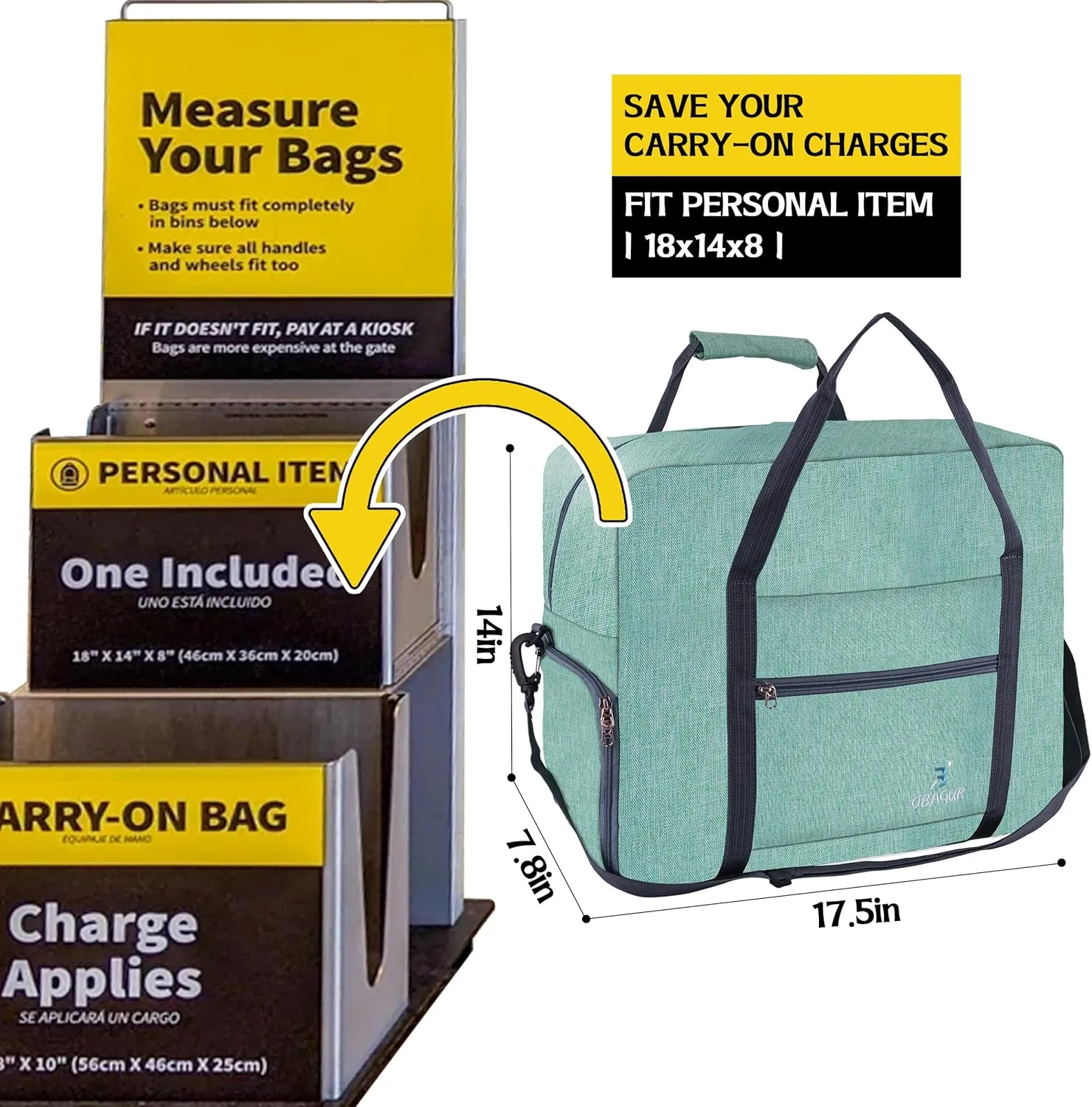 Travel Tote Bag Foldable Travel Duffel Bag For Spirit Airlines Personal Item Bag, Weekender Bags for Men Women with Shoe Compartment, Carry on Overnight Bag (Mint Green, 20L)