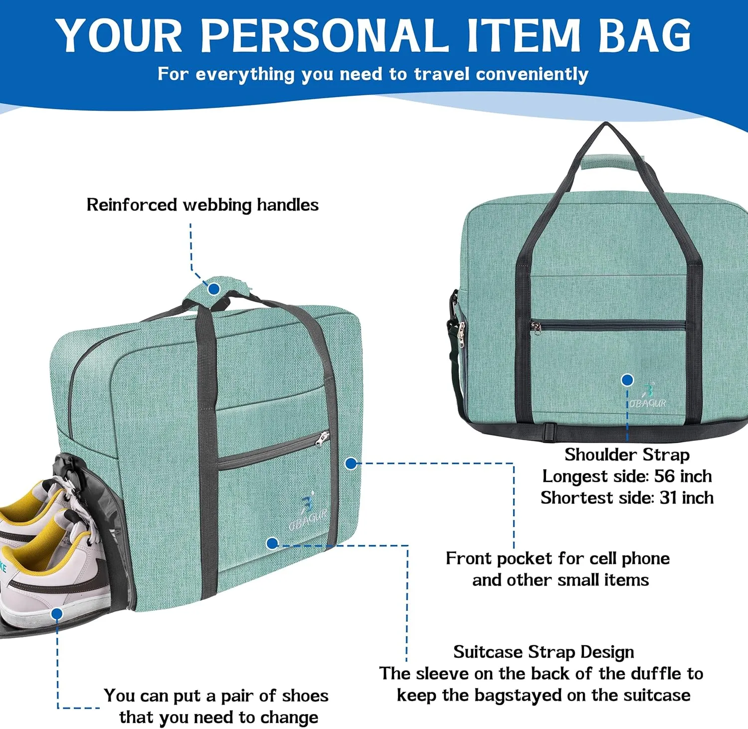 Travel Tote Bag Foldable Travel Duffel Bag For Spirit Airlines Personal Item Bag, Weekender Bags for Men Women with Shoe Compartment, Carry on Overnight Bag (Mint Green, 20L)