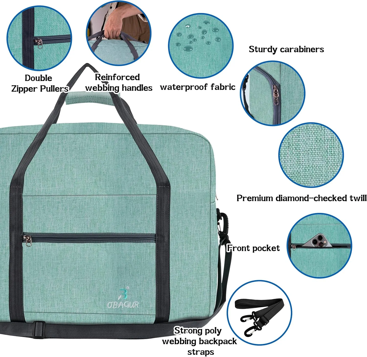 Travel Tote Bag Foldable Travel Duffel Bag For Spirit Airlines Personal Item Bag, Weekender Bags for Men Women with Shoe Compartment, Carry on Overnight Bag (Mint Green, 20L)