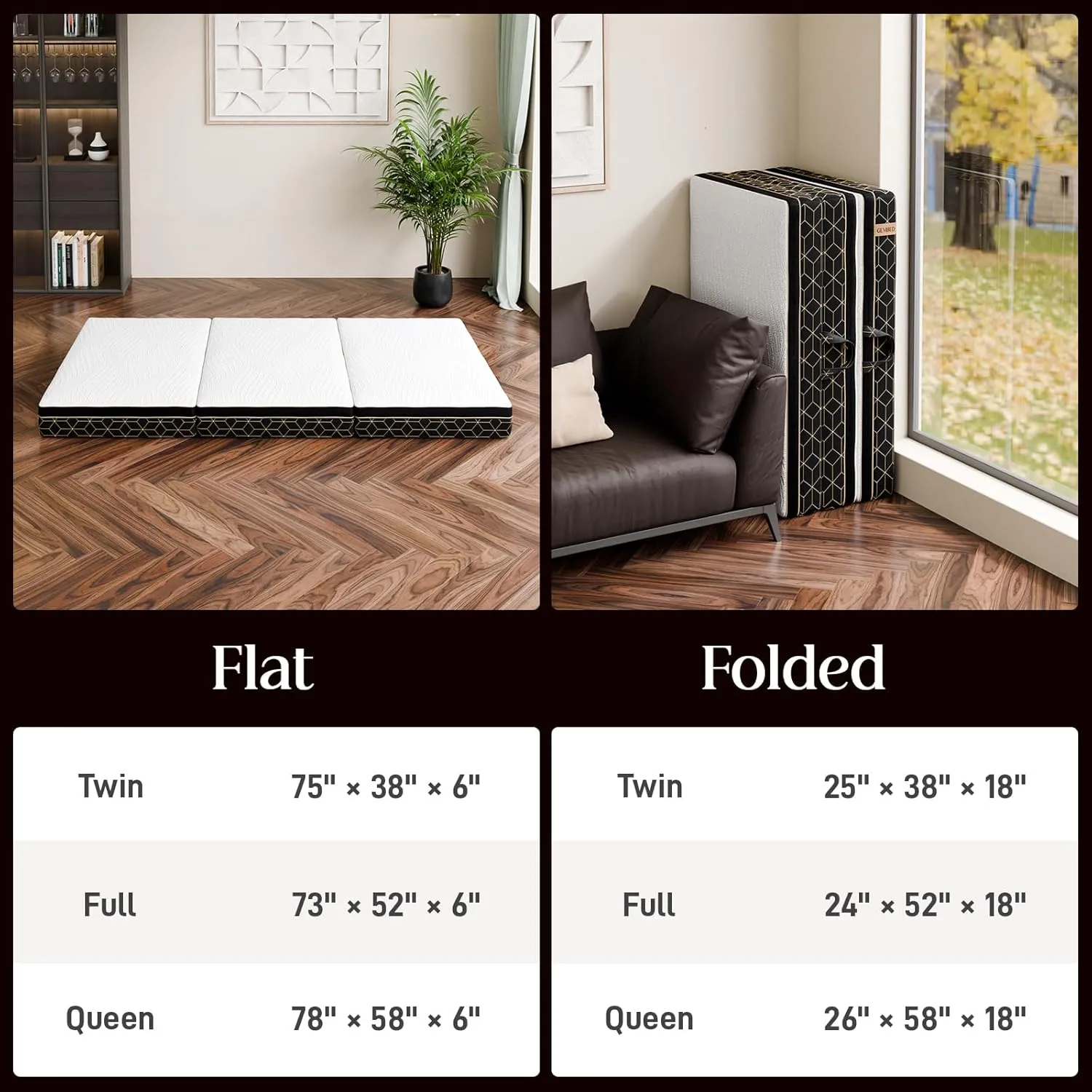Tri-Fold Memory Foam Mattress Full - 6 Inch Portable Folding Mattress with Handle & Washable Cover, Floor Bed with Non-Slip Base, Space-Saving for Kids Room, Travel, Guest Bed, Yoga, RV, 73"x52"x6"