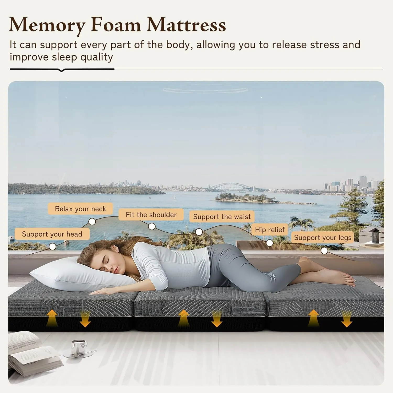 Tri Folding Mattress Queen Size - Memory Foam Tri-fold Handle & Non-Slip Bottom, Portable Foldable Sofa Bed Floor Chair for Travel RV Camping Guest Yoga - 6 Inch, 78"x58"x6"