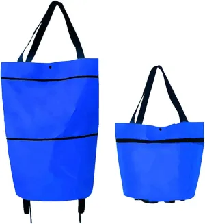 Trolley Folding Shopping Bag Collapsible Two-Stage Zipper Folding Shopping Bags 2 in 1 Foldable Shopping Portable Cart with Wheels Lightweight Storage Bag for Shopping Fruits Vegetables (Blue)