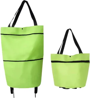 Trolley Folding Shopping Bag Collapsible Two-Stage Zipper Folding Shopping Bags 2 in 1 Foldable Shopping Portable Cart with Wheels Lightweight Storage Bag for Shopping Fruits Vegetables (Green)