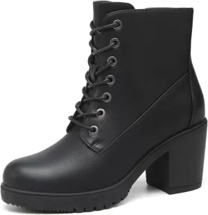 TYNDALL Women's Chunky Heel Ankle Boots Stylish High Heel Lace-Up Side Zipper Booties for Girls Black Women's Boots