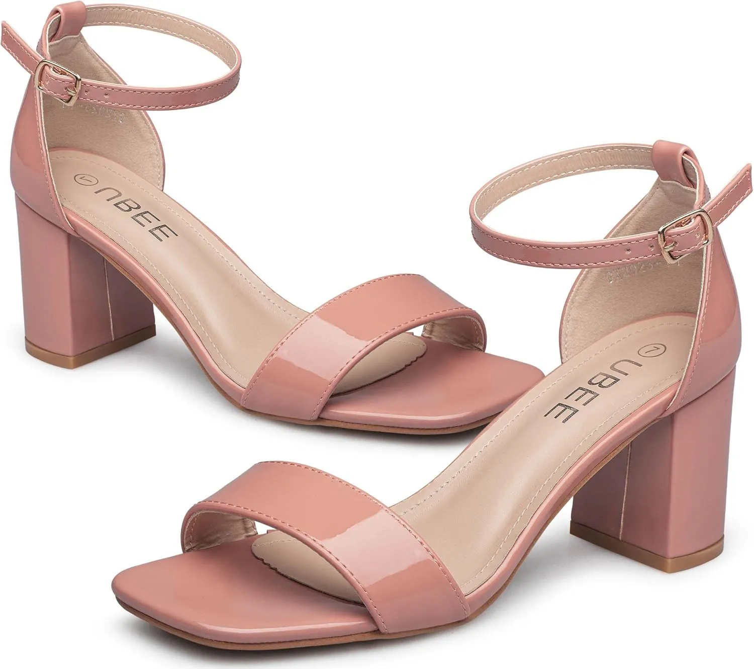 UBEE Nude High Heels Women's open toe ankle strap Thick heel Pump Sandals Party wedding Buckle Sandals