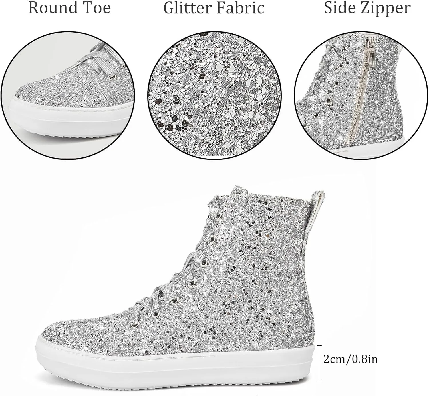 UBWDU Women's High Top Glitter Tennis Sneaker Platform Sneaker with Zipper Rhinestone Bling Wedding Bridal Shoes Shiny Sequin Shoes