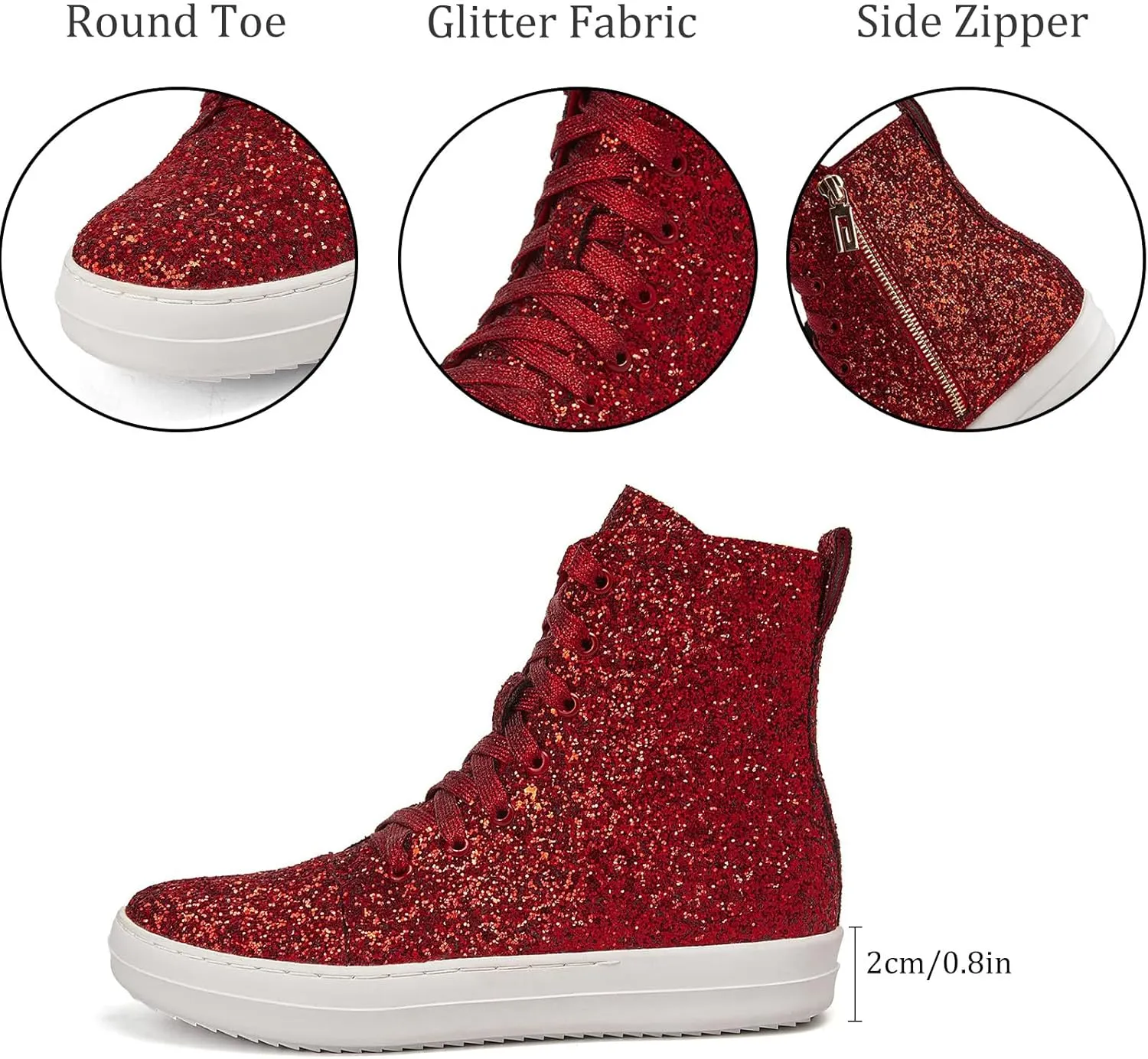 UBWDU Women's High Top Glitter Tennis Sneaker Platform Sneaker with Zipper Rhinestone Bling Wedding Bridal Shoes Shiny Sequin Shoes