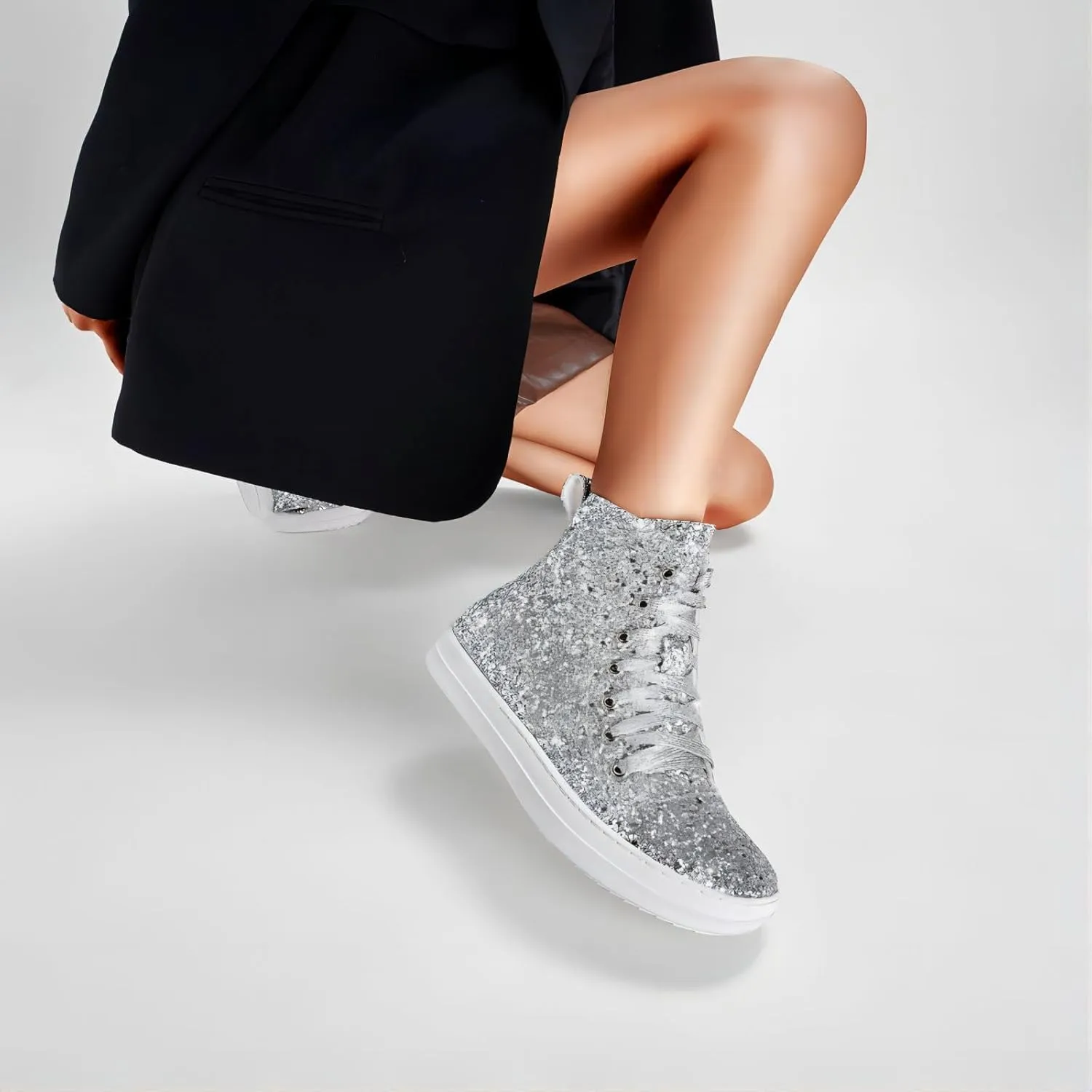 UBWDU Women's High Top Glitter Tennis Sneaker Platform Sneaker with Zipper Rhinestone Bling Wedding Bridal Shoes Shiny Sequin Shoes