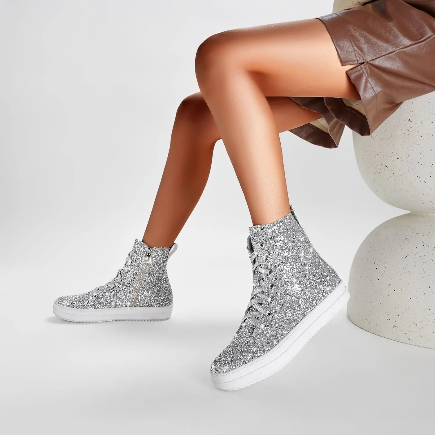 UBWDU Women's High Top Glitter Tennis Sneaker Platform Sneaker with Zipper Rhinestone Bling Wedding Bridal Shoes Shiny Sequin Shoes