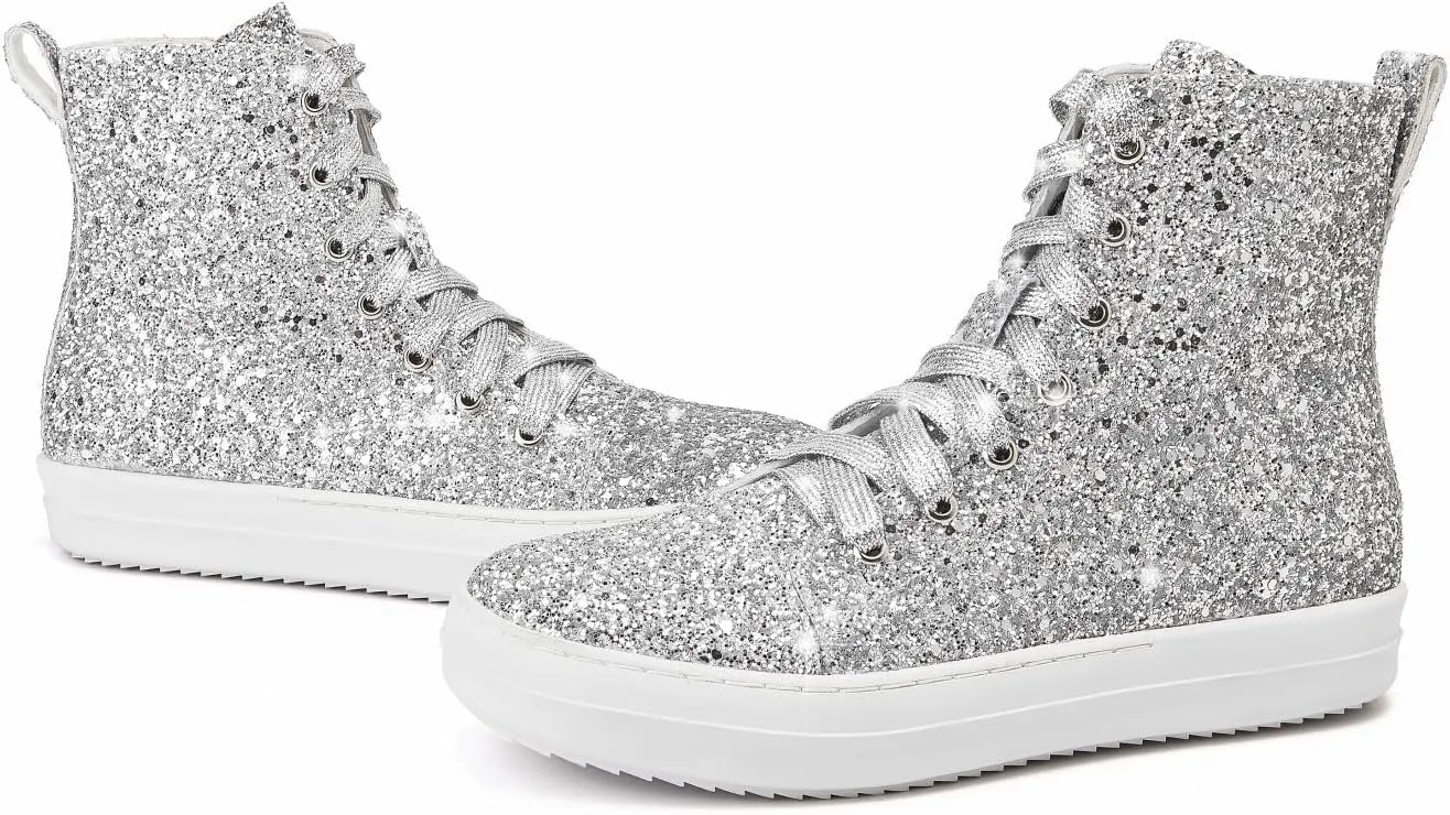 UBWDU Women's High Top Glitter Tennis Sneaker Platform Sneaker with Zipper Rhinestone Bling Wedding Bridal Shoes Shiny Sequin Shoes