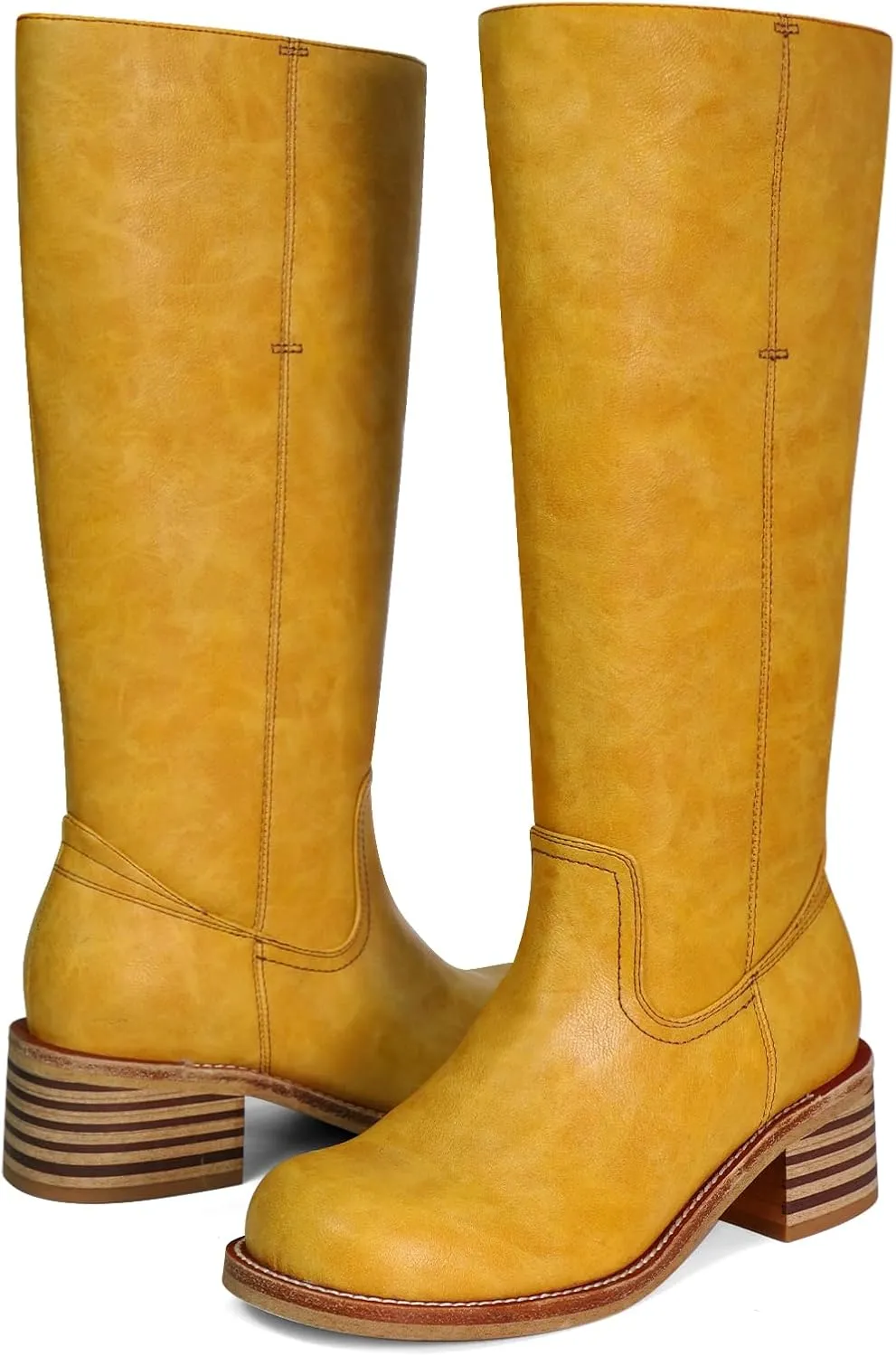 UBWDU Women's Knee High Boots Chunky Block Heel Long Boots Square Toe Low Heel Boots for Women