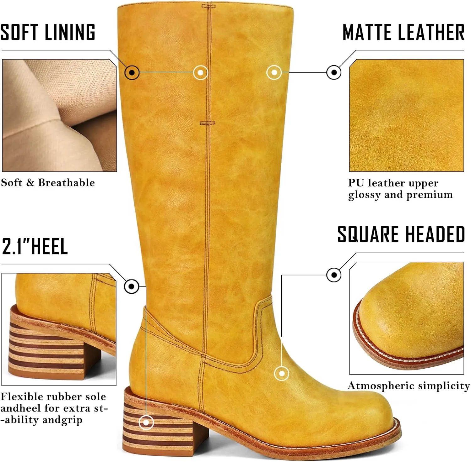 UBWDU Women's Knee High Boots Chunky Block Heel Long Boots Square Toe Low Heel Boots for Women