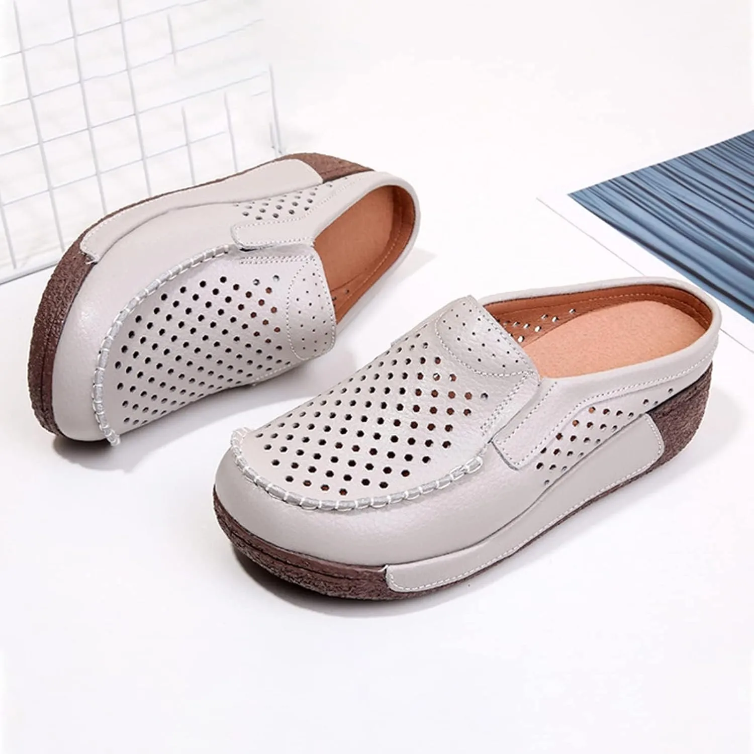 UGOSELEC Women Leather Breathable Slip On Mules,Casual Hollow Out Non-Slip Arch Support Slip On Clogs and Mules Work Shoes Sandals