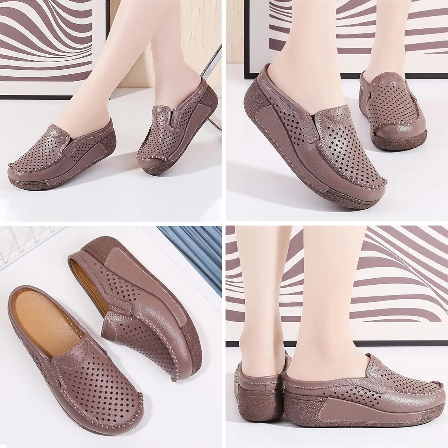 UGOSELEC Women Leather Breathable Slip On Mules,Casual Hollow Out Non-Slip Arch Support Slip On Clogs and Mules Work Shoes Sandals