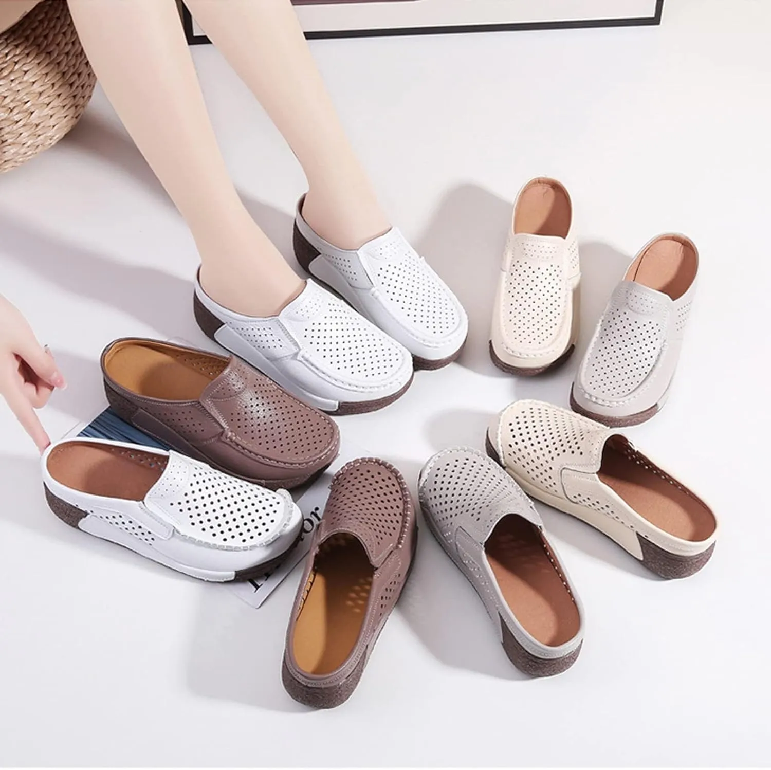 UGOSELEC Women Leather Breathable Slip On Mules,Casual Hollow Out Non-Slip Arch Support Slip On Clogs and Mules Work Shoes Sandals
