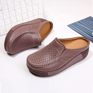 UGOSELEC Women Leather Breathable Slip On Mules,Casual Hollow Out Non-Slip Arch Support Slip On Clogs and Mules Work Shoes Sandals