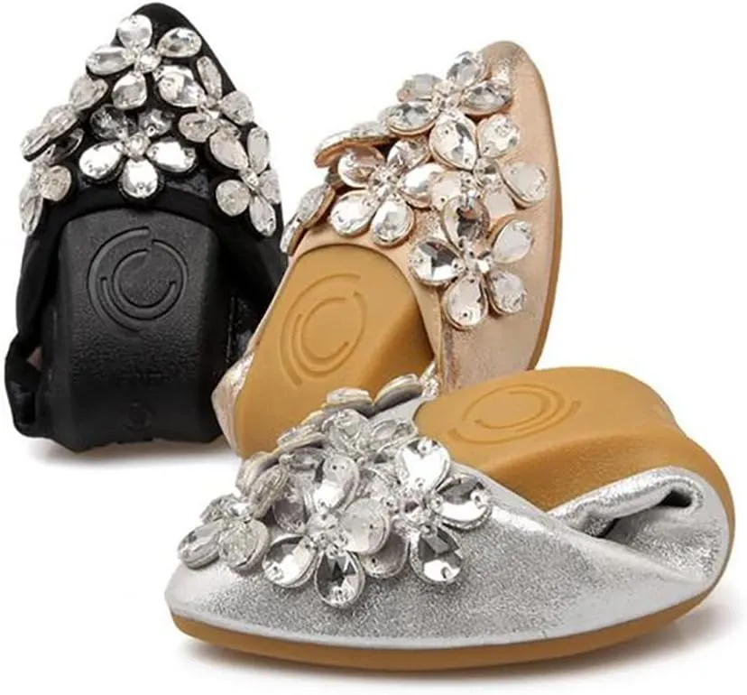 Unifizz Women's Ballet Flats Soft Pointed Toe Rhinestone Wedding Ballerina Shoes Foldable Sparkly Comfort Slip on Flat Shoes for Women