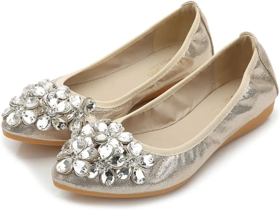 Unifizz Women's Ballet Flats Soft Pointed Toe Rhinestone Wedding Ballerina Shoes Foldable Sparkly Comfort Slip on Flat Shoes for Women